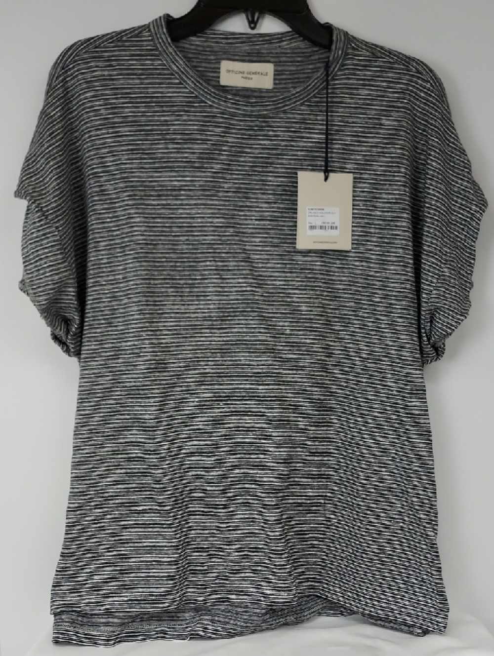 Officine Generale Women’s Ecru and Dark Navy Mini Stripe Crewneck Top, NWT